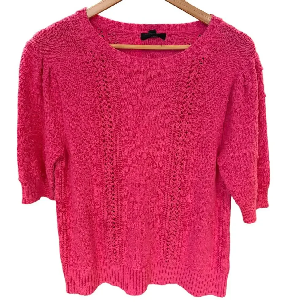 J. CREW Women's Short Sleeve Pointelle Sweater LARGE Pink Bobble Pom Open Knit